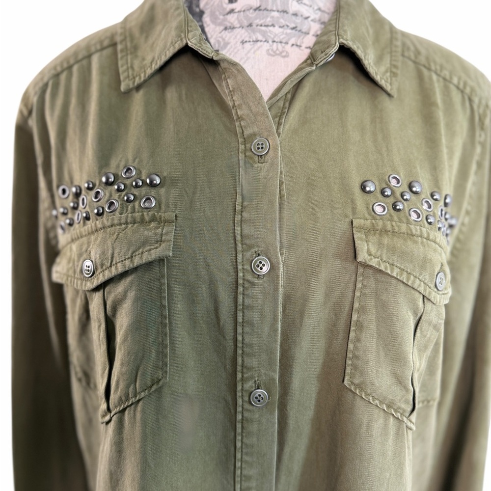 PAIGE Olive Green Studded Utility Button Down Shirt TENCEL Lyocell Size M - Picture 10 of 14